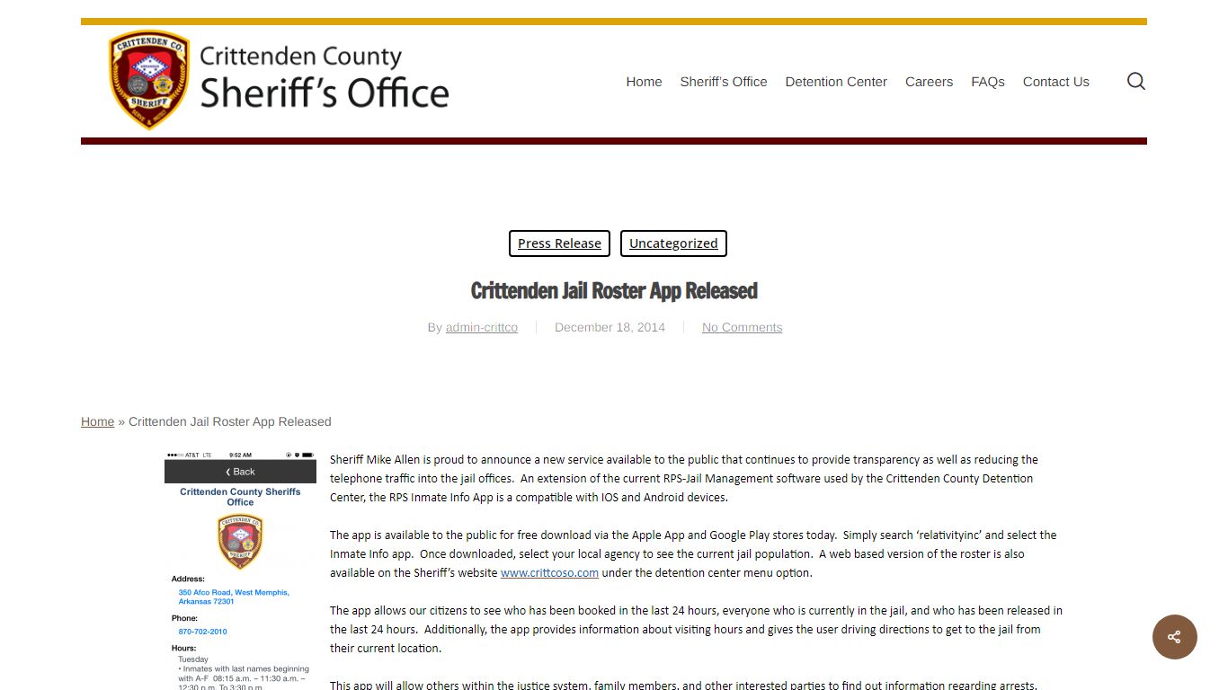 Crittenden Jail Roster App Released